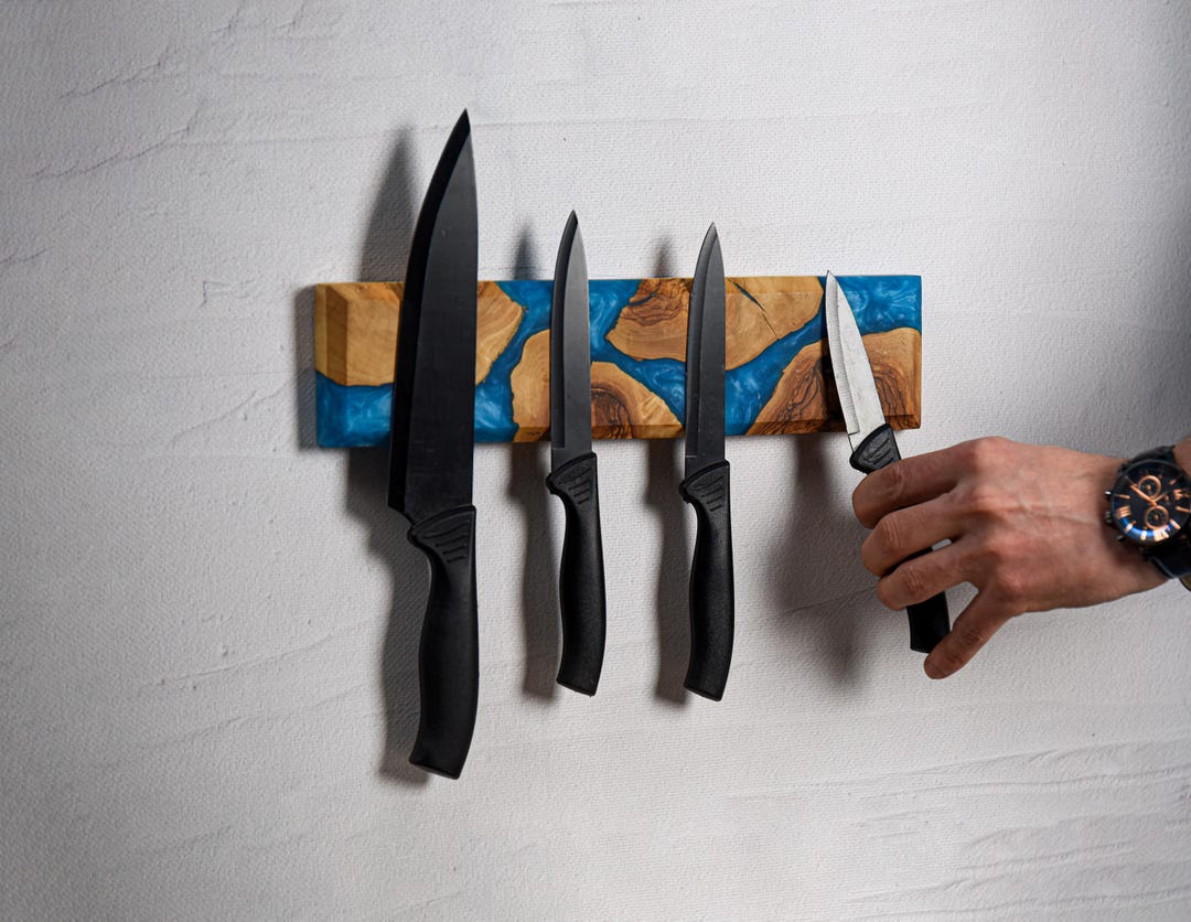 Magnetic Resin and Olive Wood Knife Holder, Handmade Knife Rack, Epoxy ...