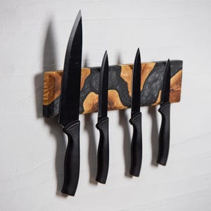 Olive Wood Magnetic Knife Holder, Epoxy Resin Knife Strip, Rustic Kitchen Knife Storage, Christmas Gift, Mother&#39;s Day Gift, Handmade