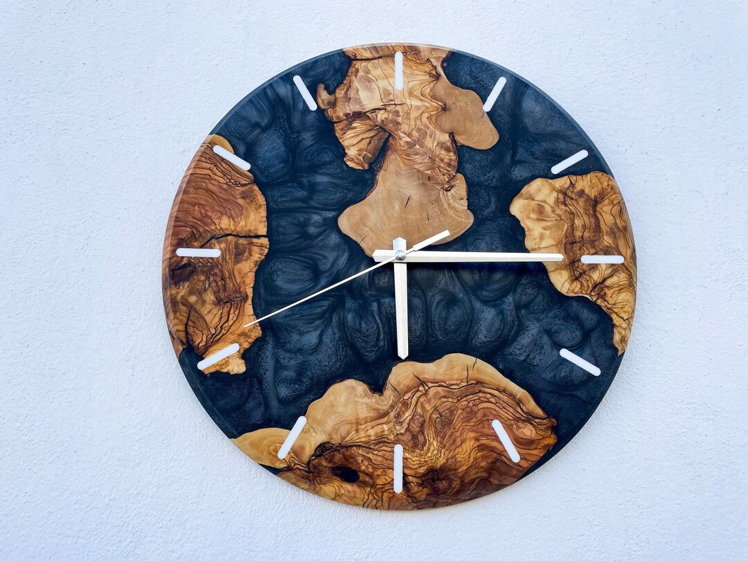 Custom Olive Wood Wall Clock & Epoxy, Unique Live Edge Rustic Wall ...