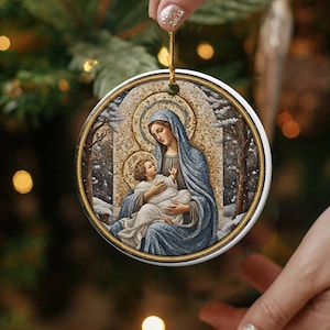 Adorno navideño de la Sagrada Familia: Virgen María y el Niño, cerámica de mosaico