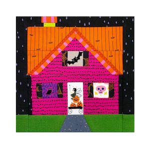 May include: A pink house with a black roof and orange trim. The house has a bat in the window and a fairy with a pumpkin carriage in front of it. The house is surrounded by green grass and a black background with raindrops.