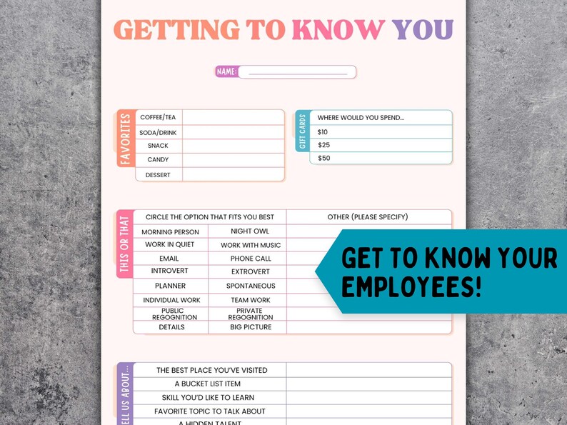 Team Building Get to Know Your Staff Questionnaire Printable, Coworker ...