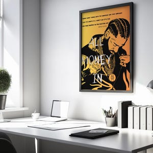 May include: A black and white illustration of a man with a gold chain and the words "All Money In" on a yellow and orange background.