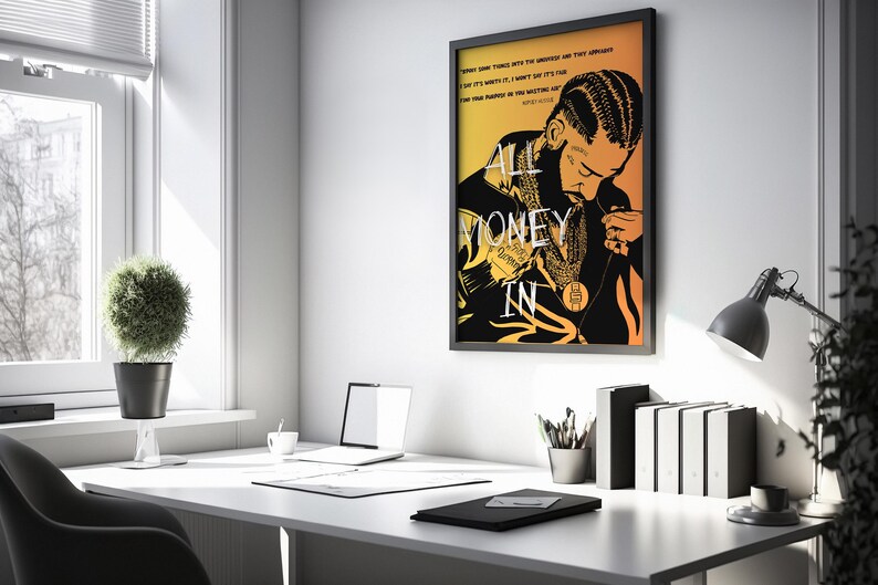 May include: A black and white illustration of a man with a gold chain and the words "All Money In" on a yellow and orange background.