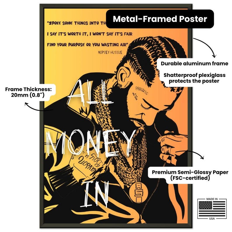 May include: A metal-framed poster with a black and yellow color scheme. The poster features a black and white illustration of a man with a beard and a gold chain. The text "All Money In" is written in white on the poster. The poster is framed with a black frame and has a shatterproof plexiglass cover. The poster is made in the USA.