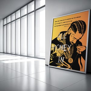 May include: A black and white illustration of a person with a gold chain and the text "All Money In". The background is yellow and orange.