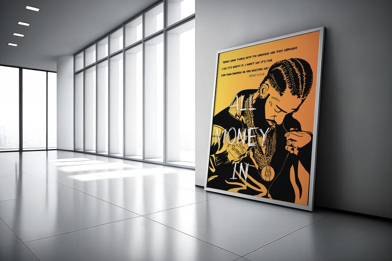 May include: A black and white illustration of a person with a gold chain and the text "All Money In". The background is yellow and orange.
