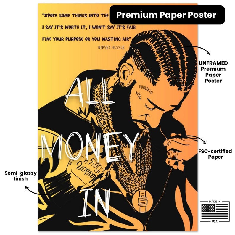 Nipsey Hussle Victory Lap Lyrics Wall Art – All Money In Motivational Hip Hop Canvas, Success Decor for Home Office