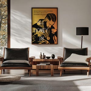 May include: A black and white illustration of a man with a beard and braids, wearing a gold chain. The background is a gradient of yellow and orange. The text "All Money In" is written in white letters on the image. The quote "We put some things into the universe and they spread. I say it's worth it. I want say it's for your parents or you wasting art.  - Meek Mill" is written in white letters at the top of the image.