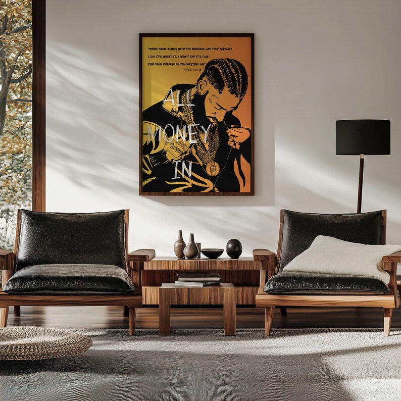 May include: A black and white illustration of a man with a beard and braids, wearing a gold chain. The background is a gradient of yellow and orange. The text "All Money In" is written in white letters on the image. The quote "We put some things into the universe and they spread. I say it's worth it. I want say it's for your parents or you wasting art.  - Meek Mill" is written in white letters at the top of the image.