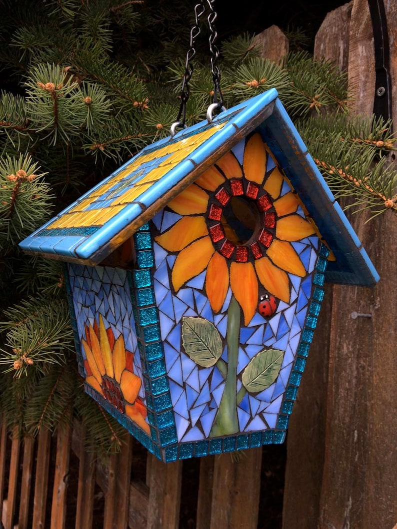 Birdhouse Stained Glass Mosaic Goldfinch & Sunflowers Etsy