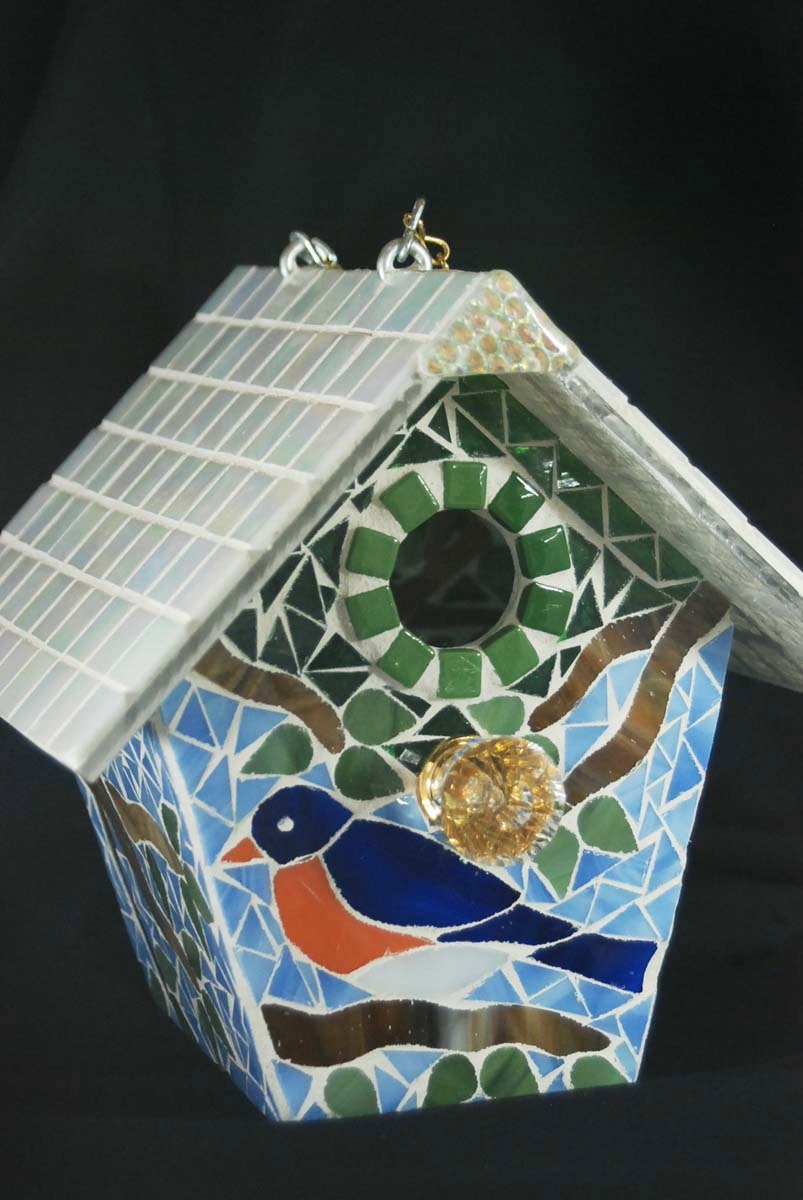 Bird House Stained Glass Mosaic Blue Bird Etsy