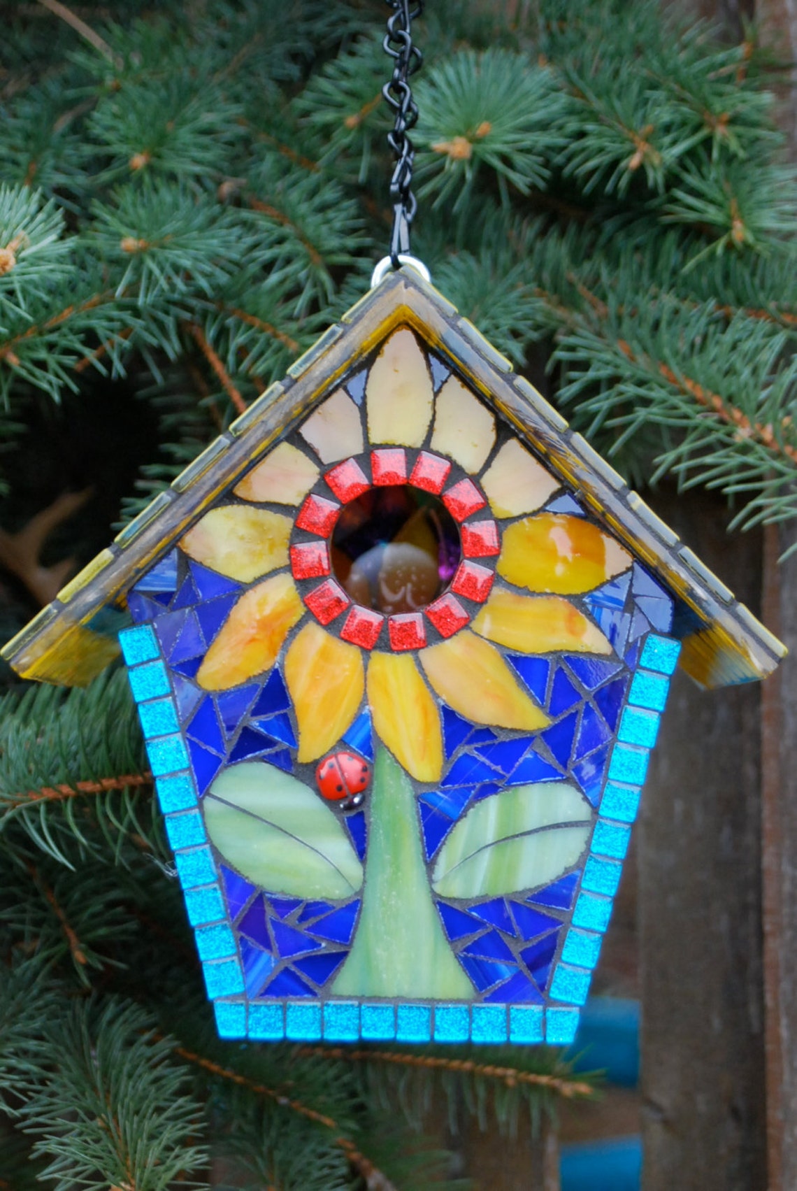 Birdhouse Stained Glass Mosaic Sunflower Etsy
