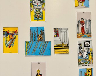 May include: Tarot card spread with ten cards, including The Chariot, Death, King of Wands, and several swords cards. The cards are laid out on a white surface.