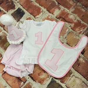 Girl Seersucker diaper cover - bib - first birthday outfit -  hat - Monogram - Initials - handmade - photo shoot