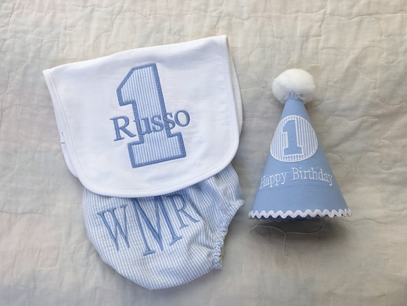 Baseball Seersucker diaper cover first birthday outfit tie bib photo shoot first birthday hat Initials Monogram handmade