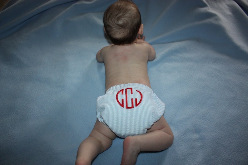 Boy Seersucker diaper cover First birthday outfit made to order hand made monogram initials image 1