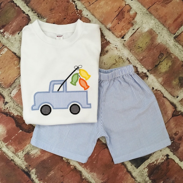 Boy Truck short set applique tshirt seersucker short with matching tshirt  Free shipping