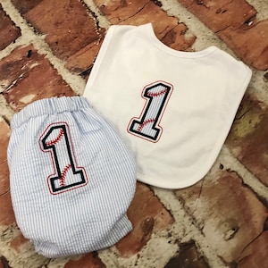 Baseball  Seersucker diaper cover - bib - first birthday outfit - first birthday hat - tie - Monogram - Initials - handmade - photo shoot