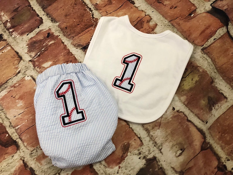 Baseball Seersucker diaper cover first birthday outfit tie bib photo shoot first birthday hat Initials Monogram handmade