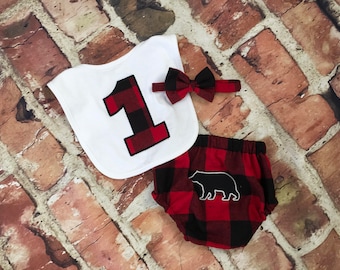 READY TO SHIP Boy black and red plaid diaper cover - bib - tie first birthday outfit photo shoot