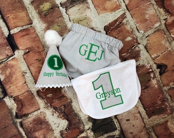 Boy Seersucker diaper cover - bib - first birthday outfit - first birthday hat - tie - Monogram - Initials - handmade - photo shoot