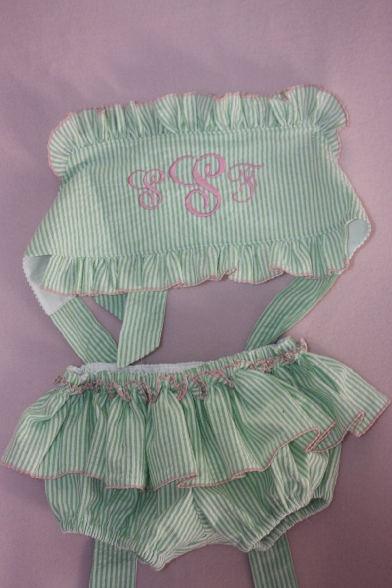 Monogram Seersucker swimsuit for your Little Girl 2 piece navy red green pink light blu aque
