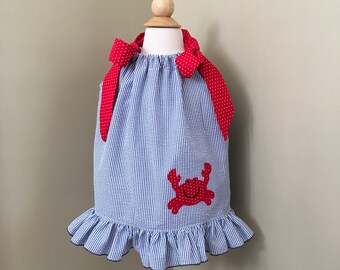 Navy Seersucker Pillowcase Dress with Ruffle with a crab  photo shoot Beach dress Beach pictures