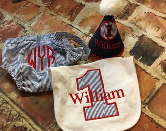 Boy Seersucker diaper cover - bib - first birthday outfit - first birthday hat - tie - Monogram - Initials - handmade - photo shoot