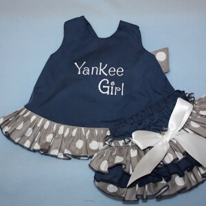 Birthday outfit Navy and gray Sassy ruffle pinafore top and Sassy ruffle bloomer 1st Birthday outfit