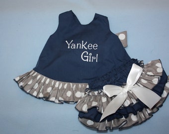 Birthday outfit Navy and gray Sassy ruffle pinafore top and Sassy ruffle bloomer 1st Birthday outfit