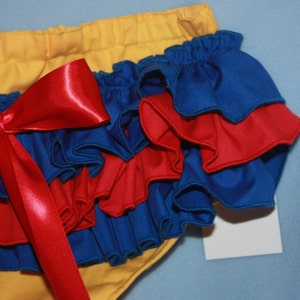 Yellow, red, blue Sassy Fancy Ruffle Panty, Sweet Ruffle Pants, Ruffle Bloomers, Fancy Pants, Handmade Sassy Britches Photo Prop image 2