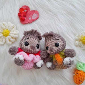 Op de afbeelding: Twee handgemaakte gehaakte knuffels met grote zwarte ogen, &eacute;&eacute;n met een roze en rode outfit, de andere met een groene en oranje sjaal. Een rood hart en twee witte madeliefachtige bloemen zijn ook zichtbaar.