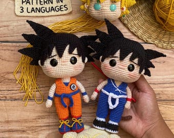 Goku Amigurumi Virkmönster, 5 Former, Flygande Nimbus, Super Saiyan (PDF), engelska, tyska och spanska