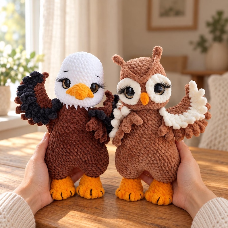 May include: Two crocheted plush toys, one bald eagle and one owl. The eagle has a white head, brown body, black wings, and orange feet. The owl is brown with white eye patches, large dark eyes with long eyelashes, and orange feet. Both have textured yarn.