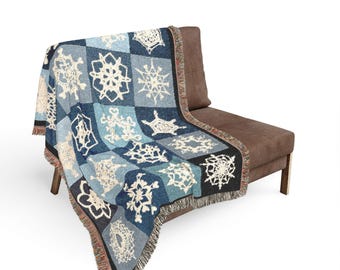 Heartflake Patchwork Woven Blanket | Snowflake Throw, Winter Home Decor