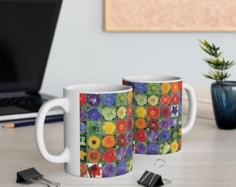 Colorful Floral Grid Mug | Botanical Photo Collage Ceramic Mug