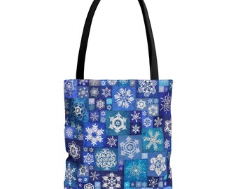 Blue Crocheted Snowflake Patchwork Tote Bag (AOP)