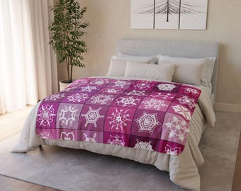 Pinktober Snowflake Patchwork Fleece Sherpa Blanket | Winter Cozy Throw