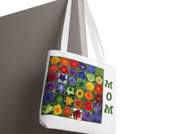Colorful Rainbow Floral Grid Tote Bag | Personalized Name Option