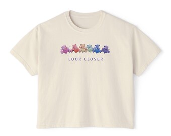 Rainbow Bear Hearts Look Closer Tee | Micro Crochet Amigurumi Minimalist Tee