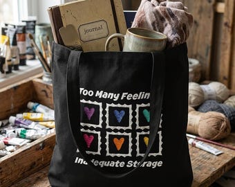 Too Many Feelings | Inadequate Storage tote bag | Rainbow Heart Grid cotton tote