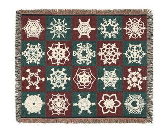 Snowflake Patchwork Woven Blanket | Holiday Throw, Red Green Snowflake Pattern