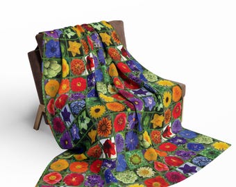 Colorful Rainbow Floral Mosaic Arctic Fleece Blanket | Vibrant Flower Grid Throw