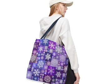 Purple Crocheted Snowflake Patchwork Tote Bag (AOP)