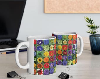 Colorful Floral Grid Mug | Botanical Photo Collage Ceramic Mug