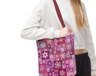 Pink Crocheted Snowflake Patchwork Tote Bag (AOP)