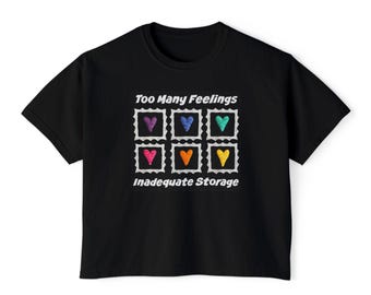 Too Many Feelings, Inadequate Storage Cropped T-Shirt | heart squares, rainbow colors