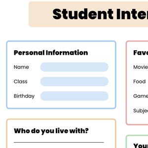 May include: A student interview template with sections for personal details, favourite things, strengths, and weaknesses. The worksheet includes fill-in-the-blank lines and prompts. The title "Student Interview" is at the top.