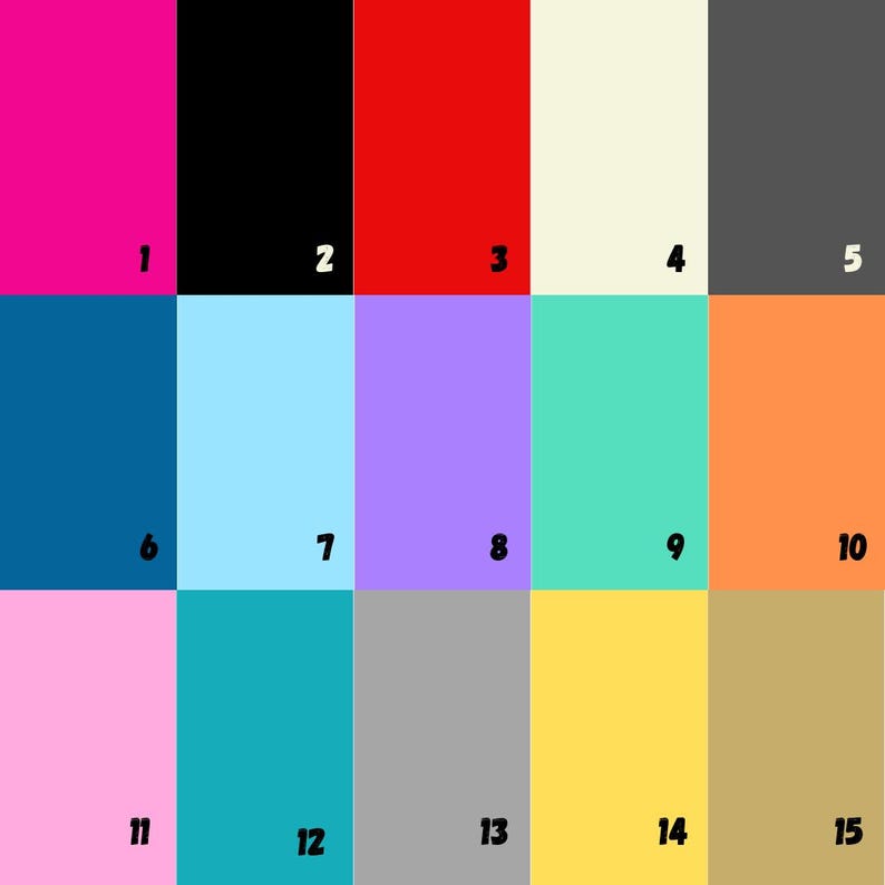 May include: A color chart with 15 different colors, numbered 1 through 15. The colors are: hot pink, black, red, cream, gray, dark blue, light blue, lavender, turquoise, orange, light pink, teal, gray, yellow, and beige.